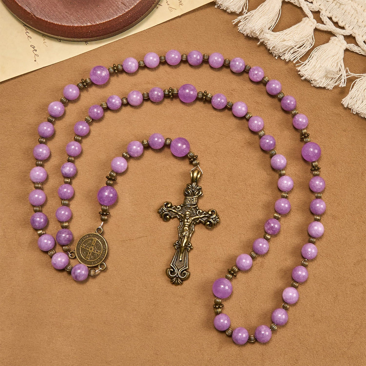Purple Garnet Chalcedony Rosary with Crucifix & St. Benedict: Graceful Spiritual Bond
