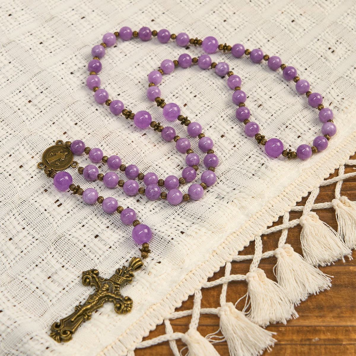 Purple Garnet Chalcedony Rosary with Crucifix & St. Benedict: Graceful Spiritual Bond