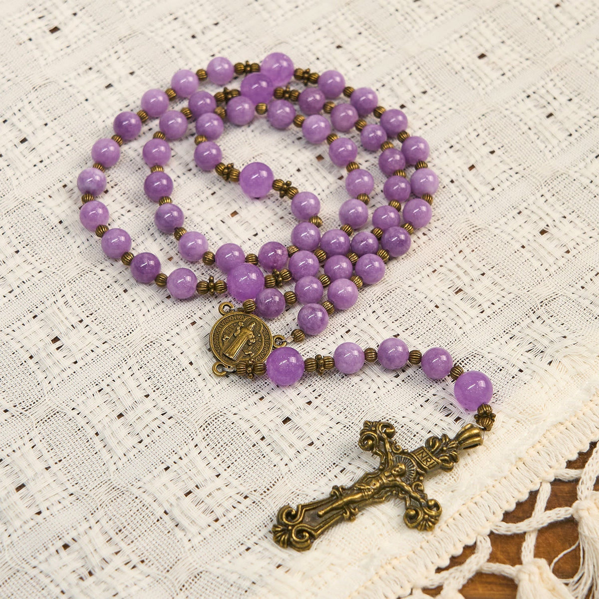 Purple Garnet Chalcedony Rosary with Crucifix & St. Benedict: Graceful Spiritual Bond