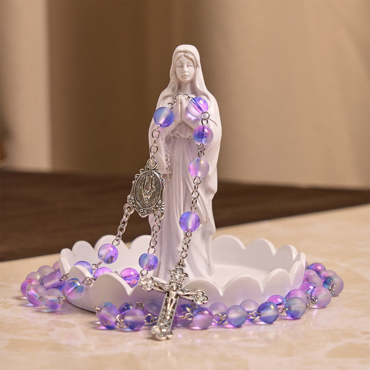 Frosted Blue and Purple Glass Beads Rosary Adorned with Miraculous Medal: Devotion in Textured Form