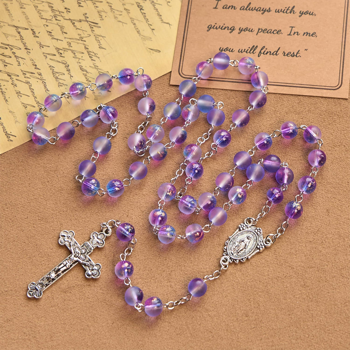 Frosted Blue and Purple Glass Beads Rosary Adorned with Miraculous Medal: Devotion in Textured Form