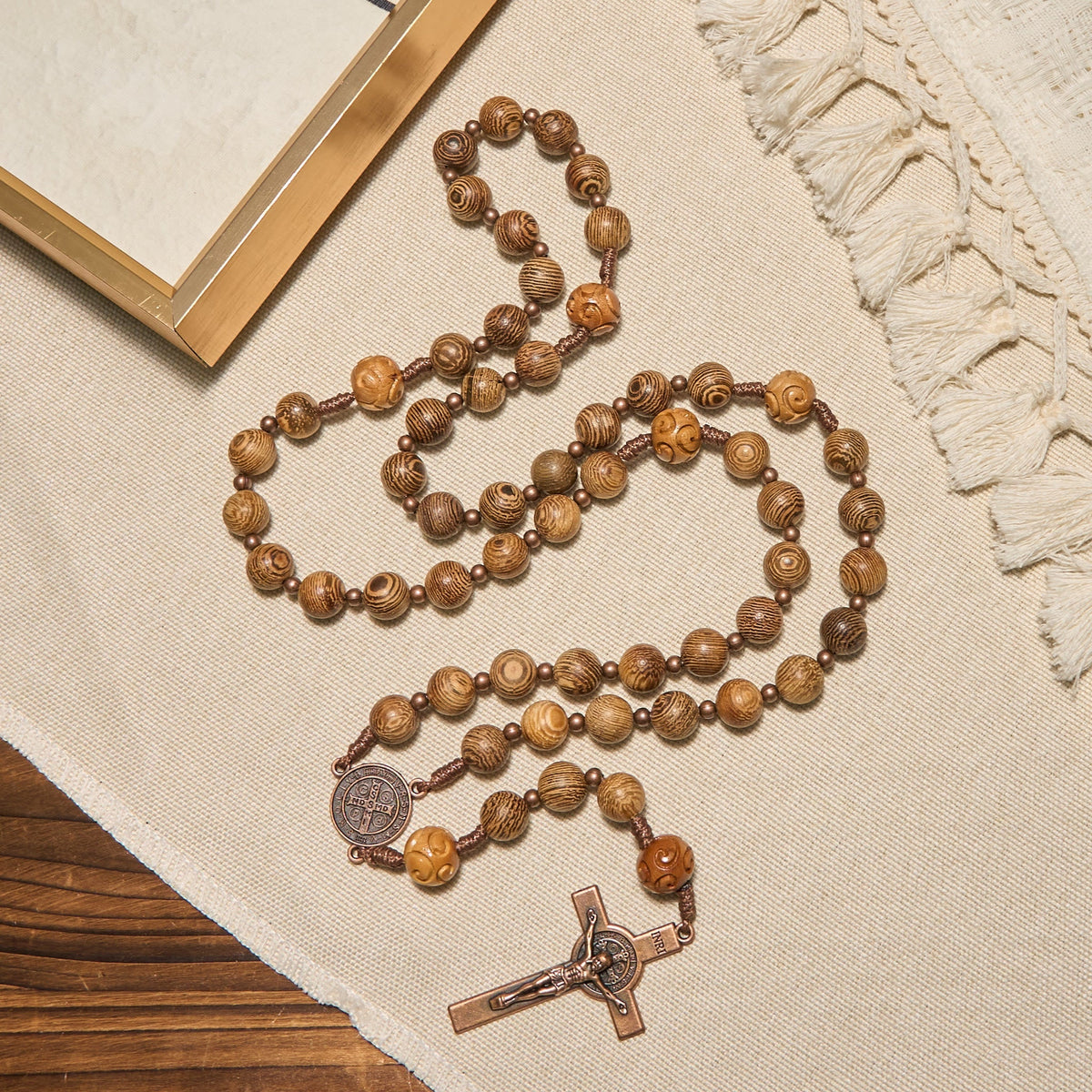 Divine Olive Wood Rosary Adorned with St. Benedict Medal & Crucifix: Sacred Devotion