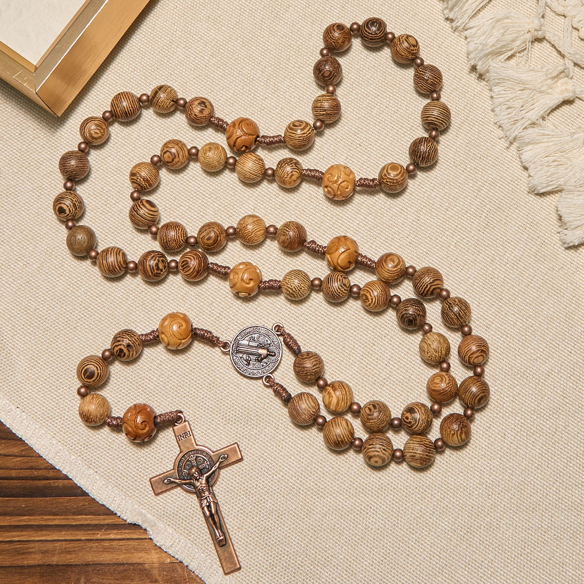 Divine Olive Wood Rosary Adorned with St. Benedict Medal & Crucifix: Sacred Devotion