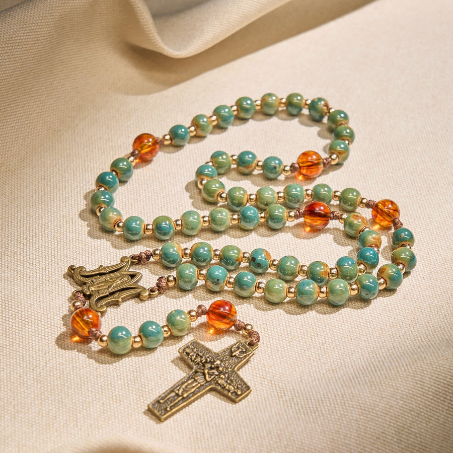 Handcrafted Green Ceramic Rosary with Miraculous Medal and Amber Beads: Feel Graceful Faith