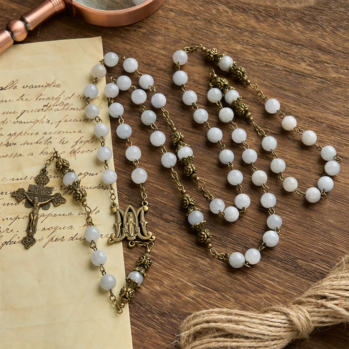 PRAYERFUL FAITH: Handmade Rosary with Light Blue Jade Beads and Brass with Gift Card