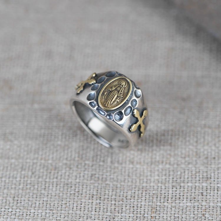 925 Sterling Silver Retro Style Virgin Mary Blessing Badge Religious Ring