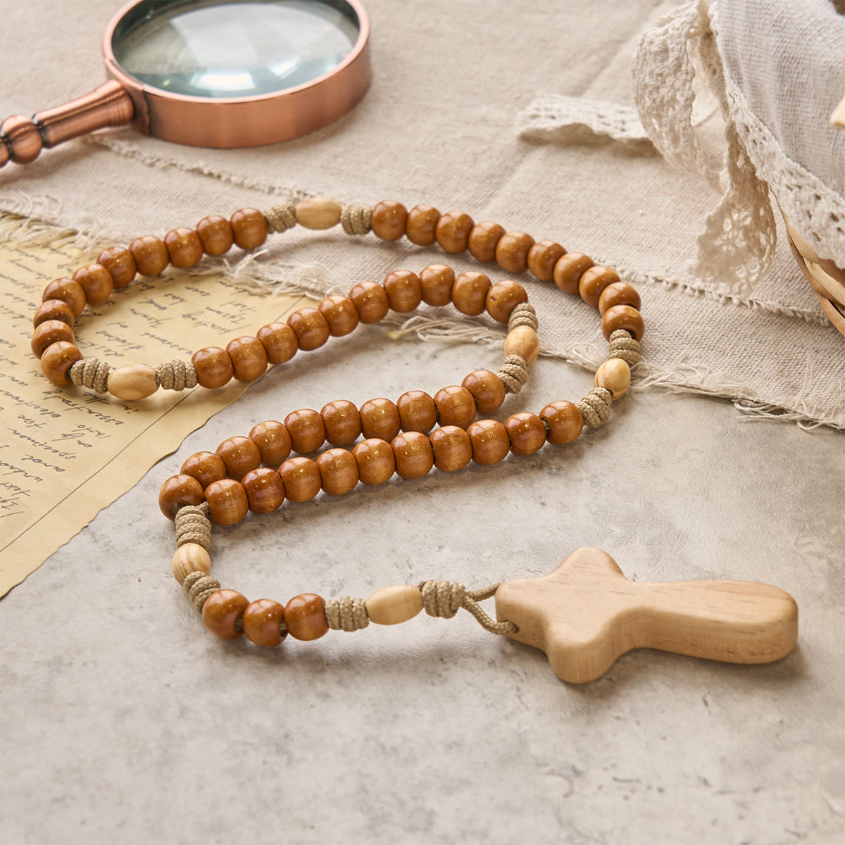 Minimalist Olive Wood Rosary with Hand-held Prayer Comfort Cross: Embrace Simple Sacredness