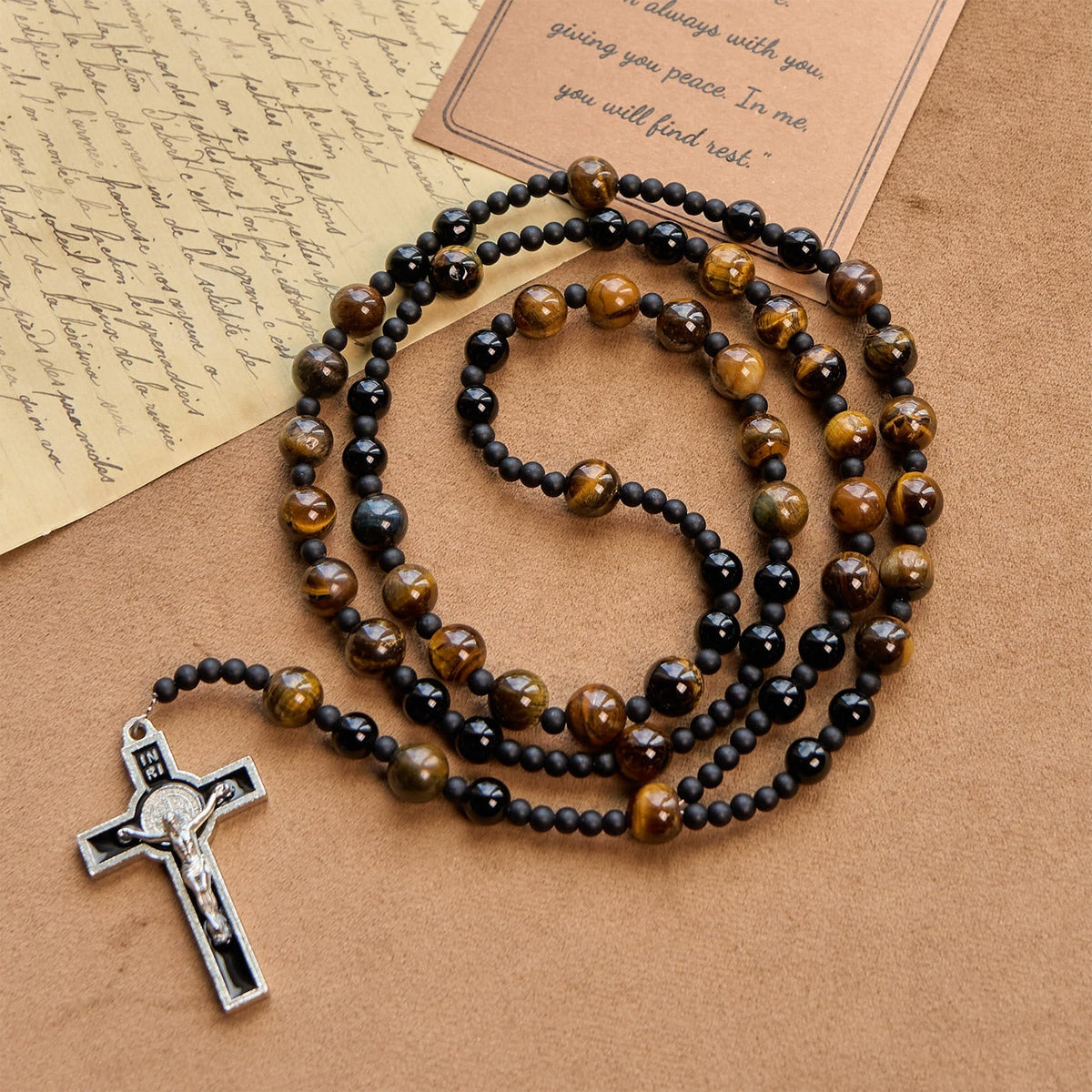 10mm Tiger's Eye Stone Beads Rosary with Black Enamel Crucifix: Embrace Earthy Sacredness