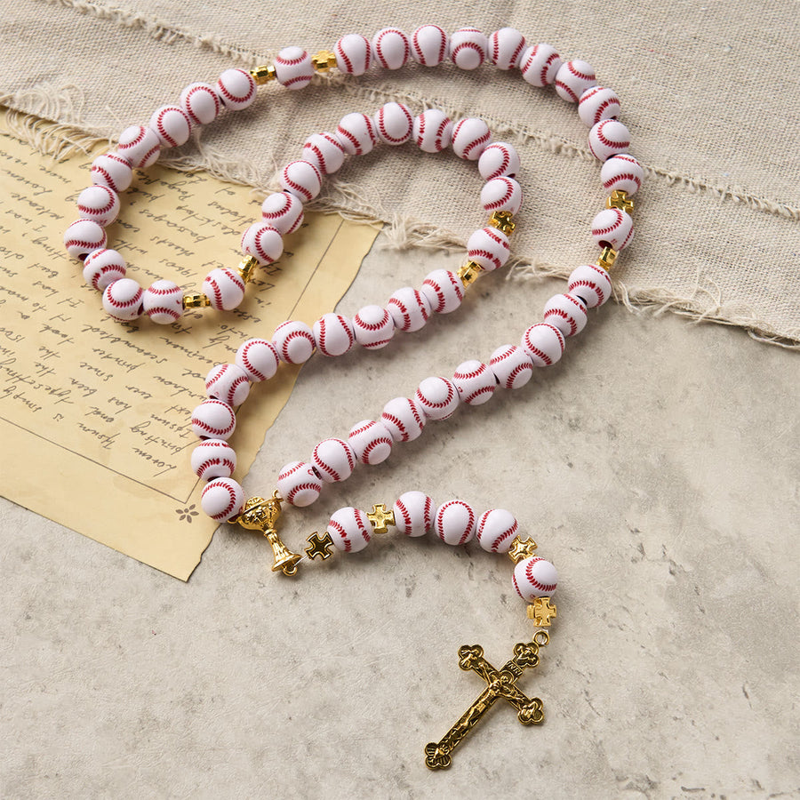 Blessed Miniature Baseball Beads Rosary with Golden Holy Chalice & Crucifix: Merge Faith and Sport