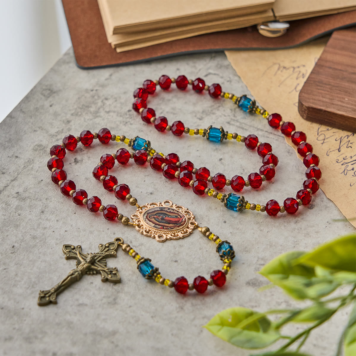Handmade Red Crystal Bohemian Czech Glass Our Lady of Guadalupe Crucifix Rosary