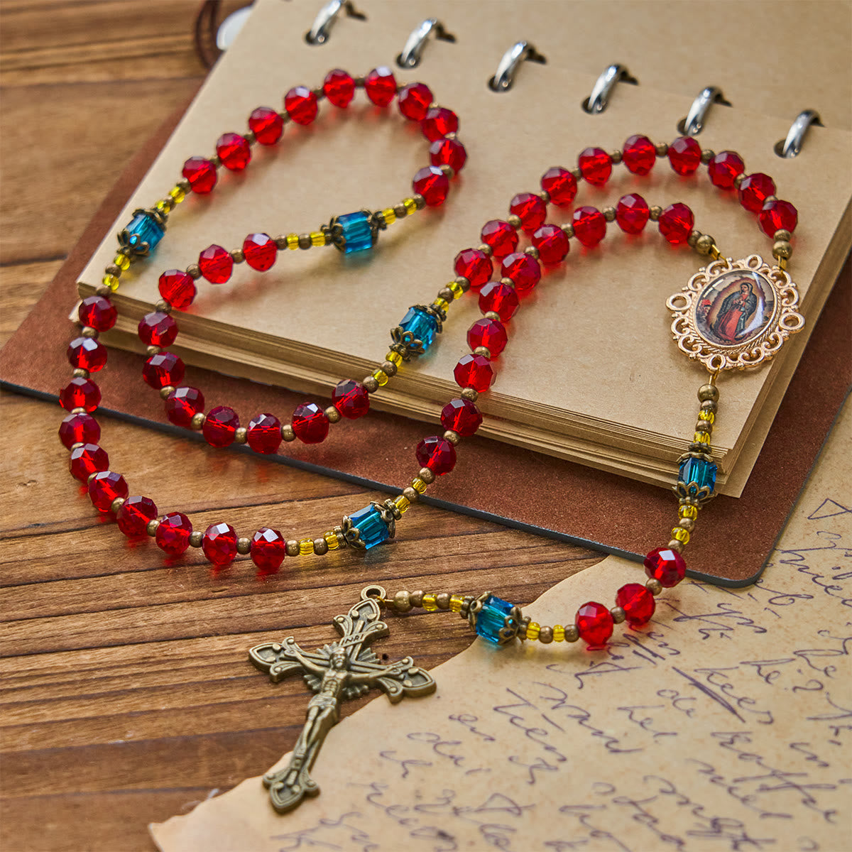 Handmade Red Crystal Bohemian Czech Glass Our Lady of Guadalupe Crucifix Rosary