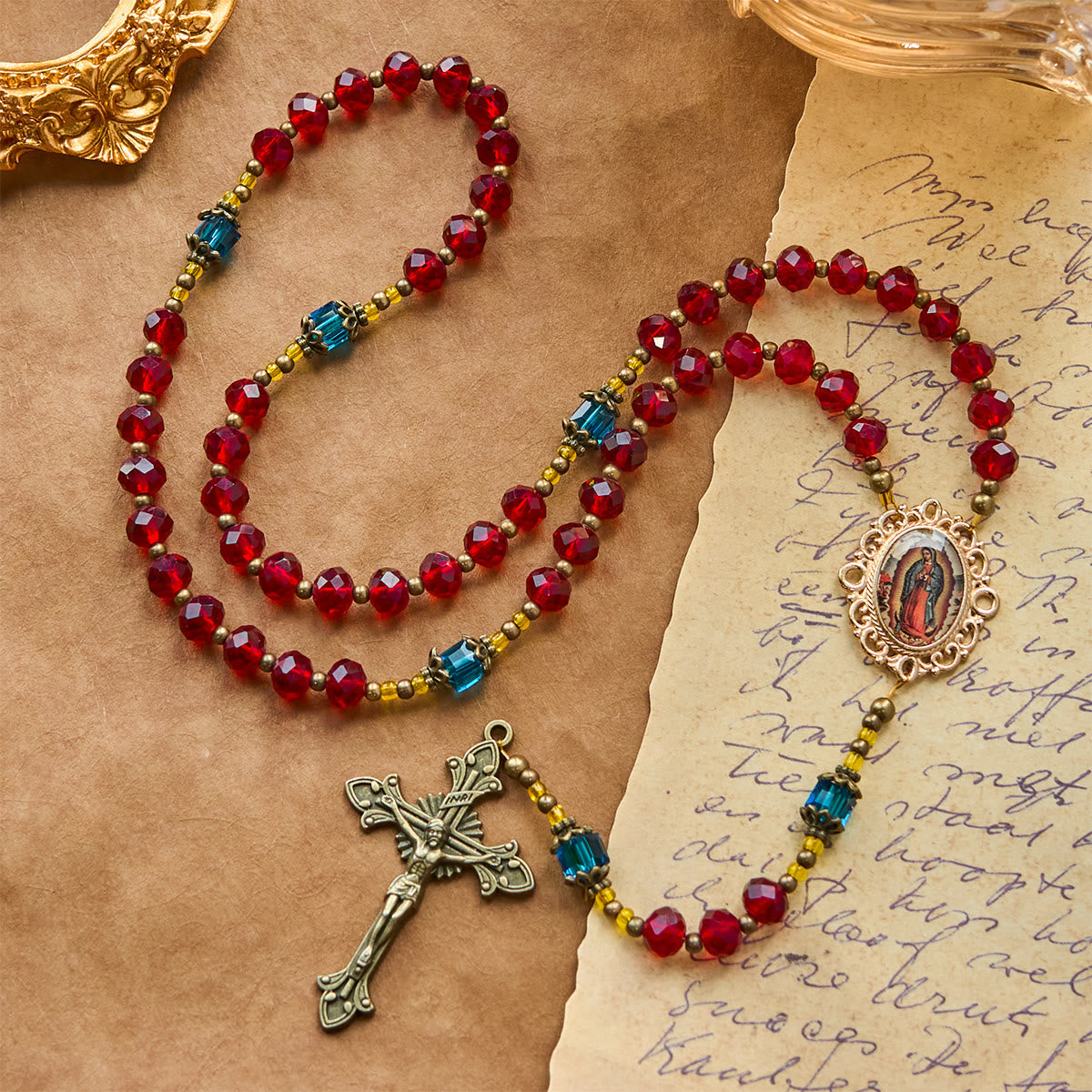 Handmade Red Crystal Bohemian Czech Glass Our Lady of Guadalupe Crucifix Rosary