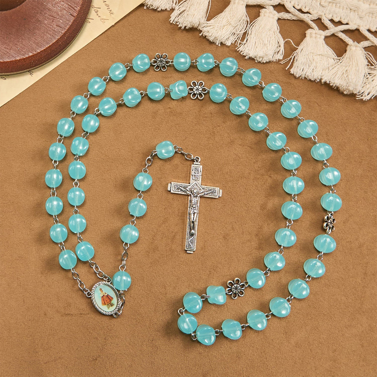 Rose Alloy Chain Blue Cube Beads Rosary with Our Lady Icon & Crucifix