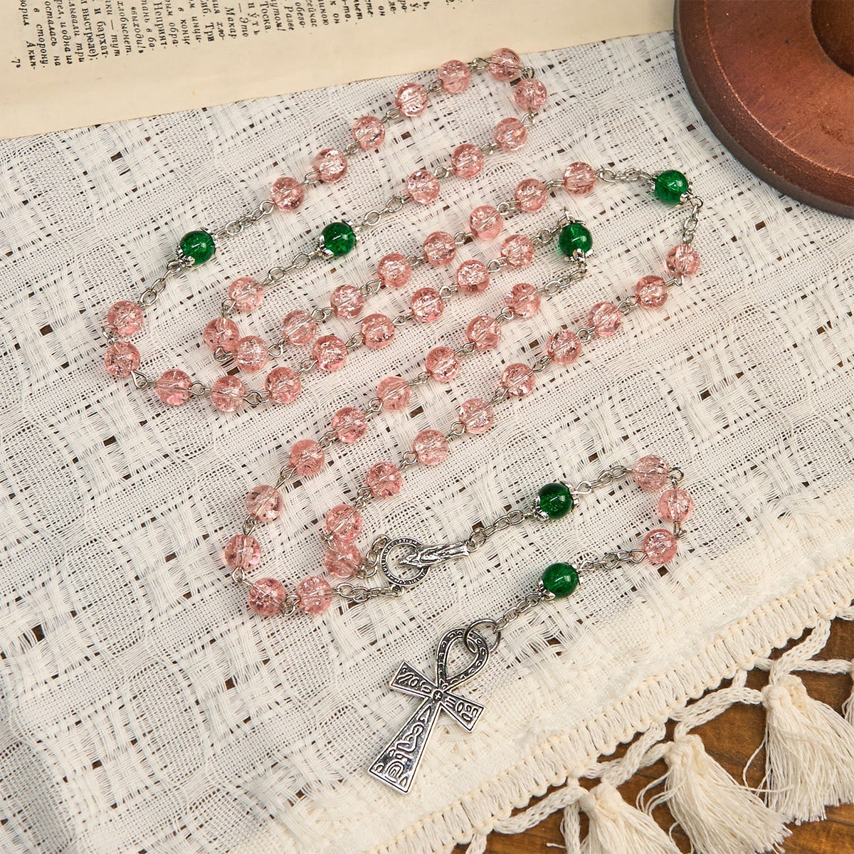 Inclusive Clear Sparkling Pink Glass Beads Alloy Chain Rosary with Our Lady & Ankh Cross