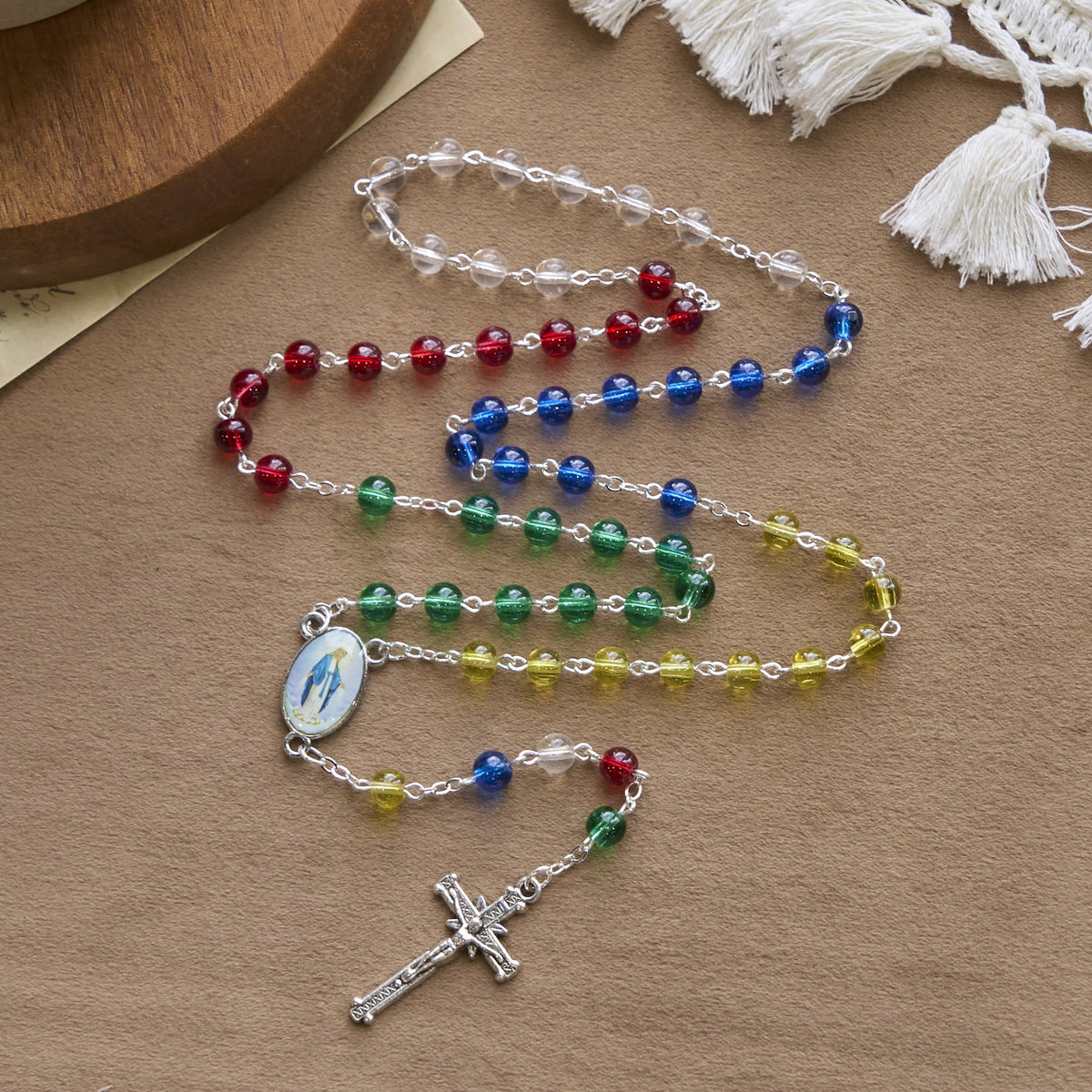 PRAYERFUL FAITH: 6mm Transparent Multicolor Rainbow Beads Rosary with Gift Card