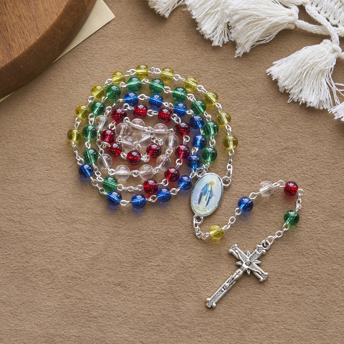 PRAYERFUL FAITH: 6mm Transparent Multicolor Rainbow Beads Rosary with Gift Card
