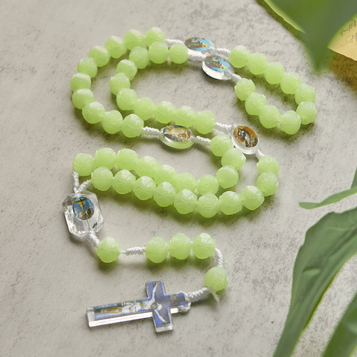 Glow-in-the-Dark Green Beads Rosary with Vibrant Holy Virgin Saint Pendant & Crucifix