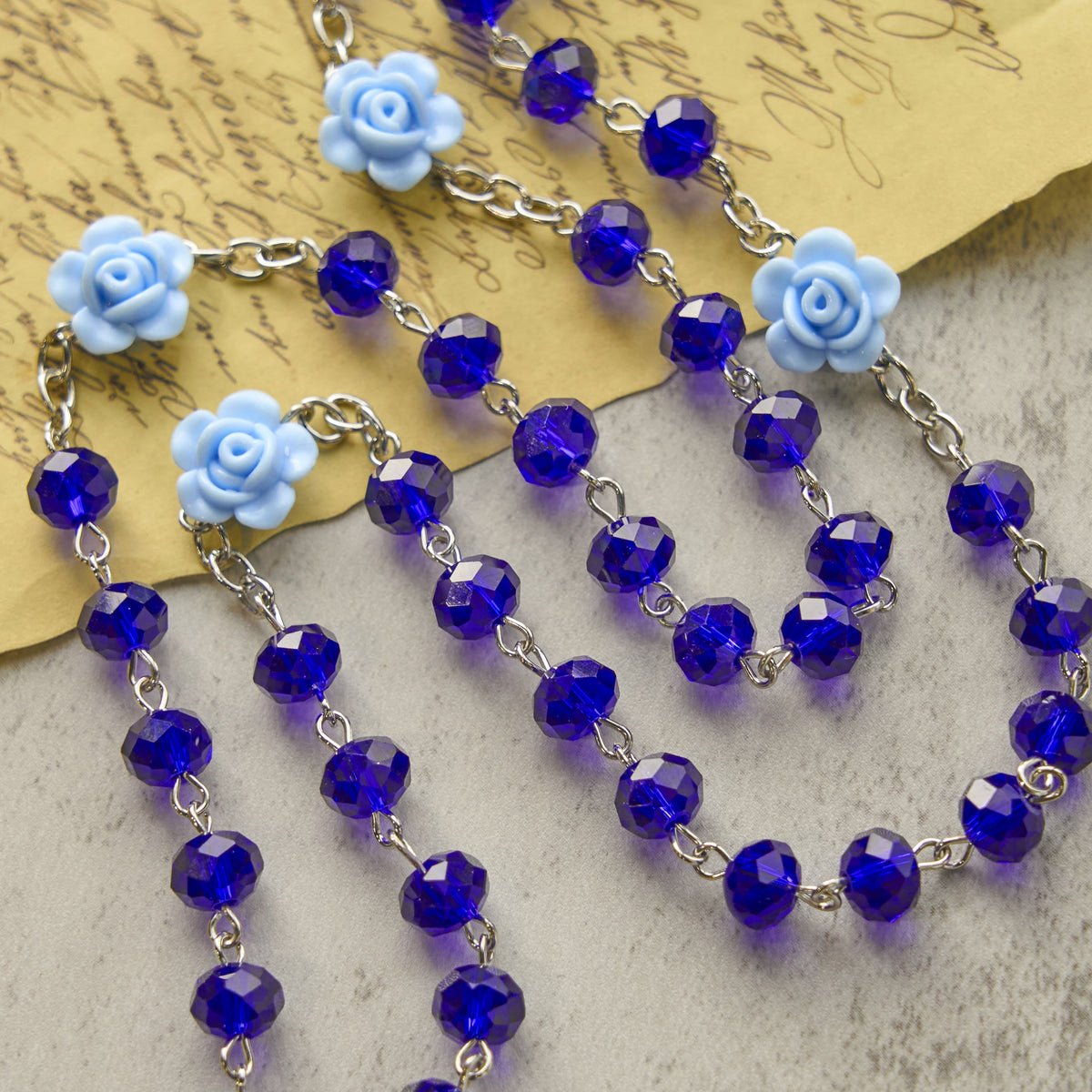 Floral Rose Beads and 8mm Multicolor Polyhedral Rosary with Virgin Mary Charm & Crucifix