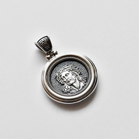 Sterling Dual-Face Medal Necklace with Crown of Thorns & Our Lady of Sorrows