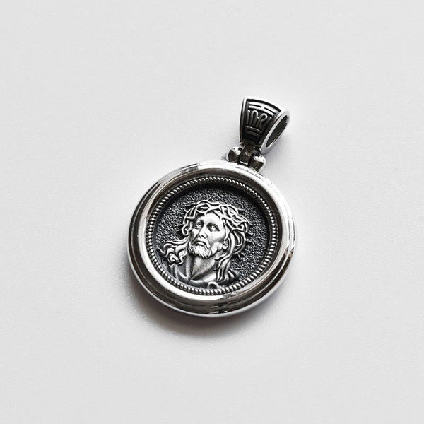 Sterling Dual-Face Medal Necklace with Crown of Thorns & Our Lady of Sorrows