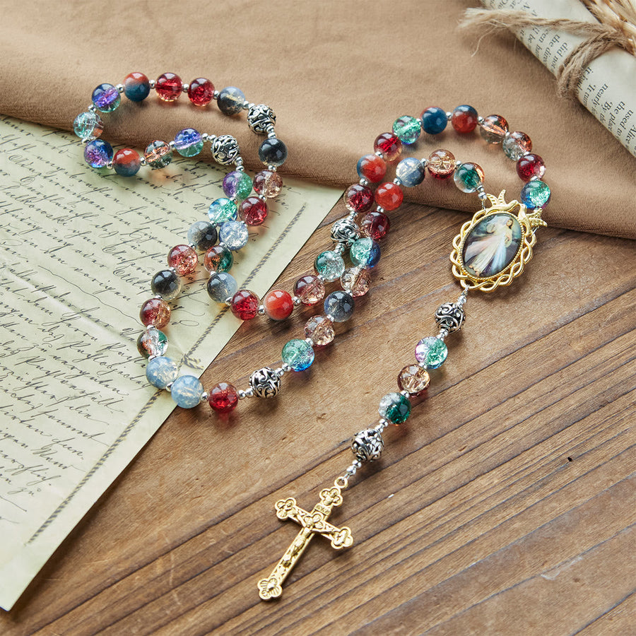 Gradient Multicolor Glass Bead & Brass Crucifix Rosary with Divine Mercy Medal
