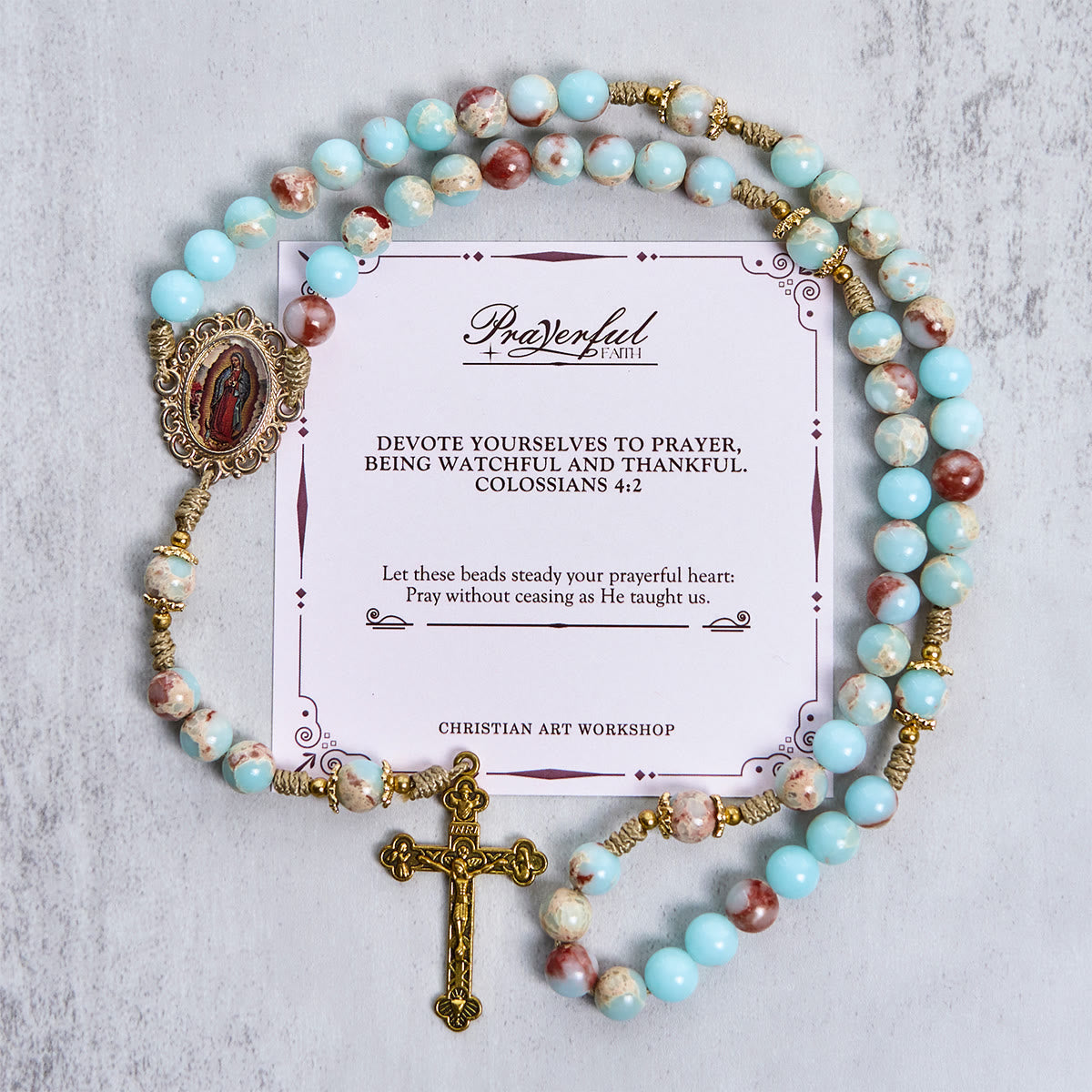 PRAYERFUL FAITH: Handmade Aqua Stone Prayer Rosary with Gift Card