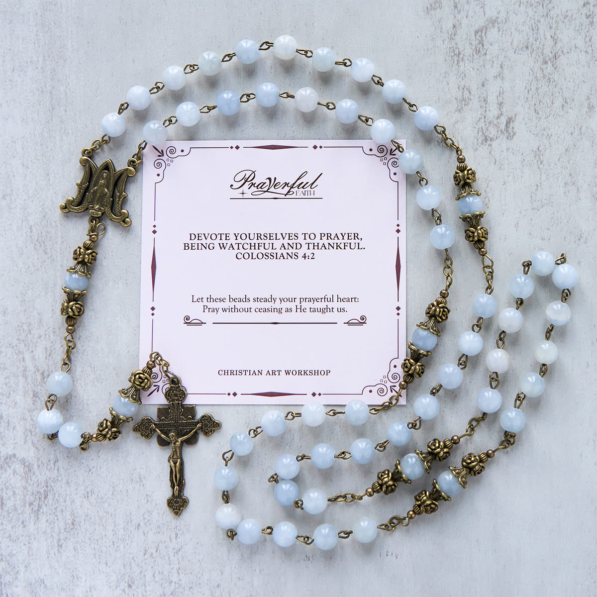 PRAYERFUL FAITH: Handmade Rosary with Light Blue Jade Beads and Brass with Gift Card