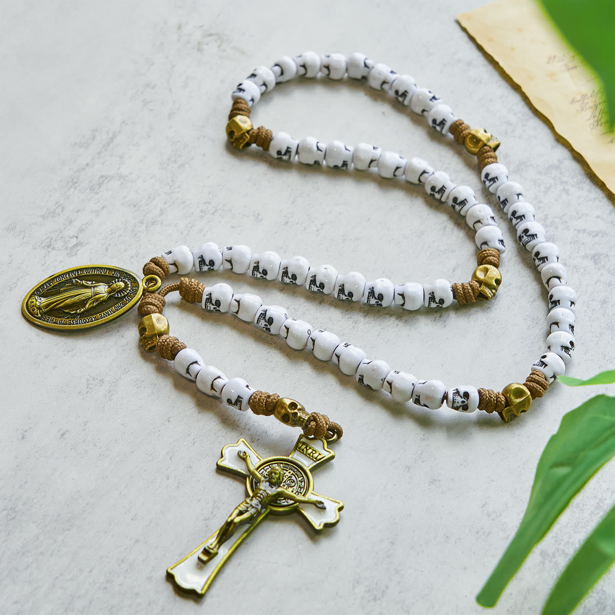 Rebel Style White Skull Beads with Miraculous Medal & INRI Crucifix Rosary