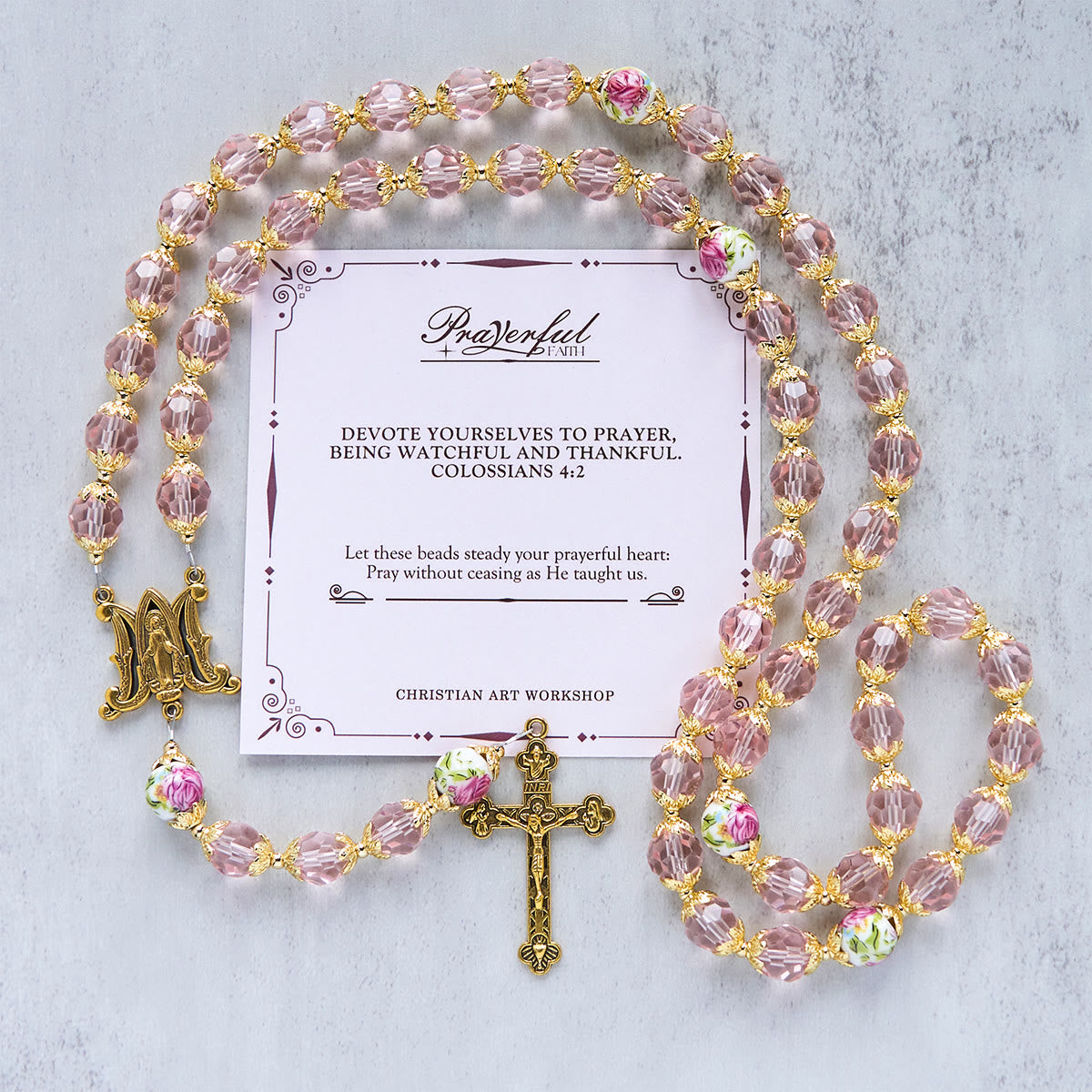 Jesus Is The Gift: Pink Crystal Beads Crucifix & Virgin Mary Rosary with Gift Card