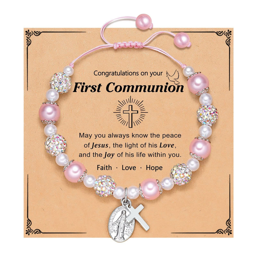 PRAYERFUL FAITH: First Communion Gift Bracelet with Cross and Blessing Card