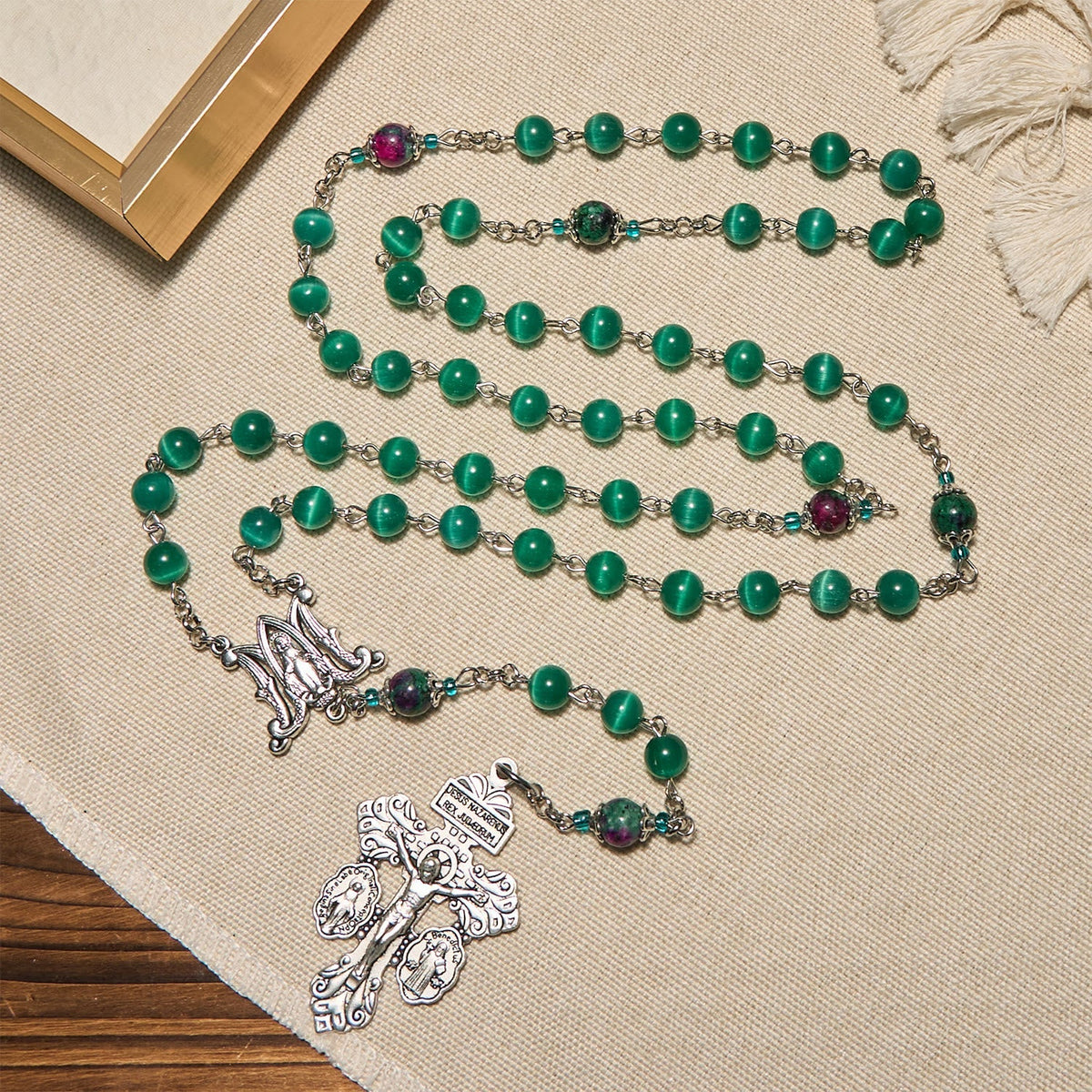 Natural Peacock Green Cat Eye Bead with Miraculous Medal & Crucifix Rosary