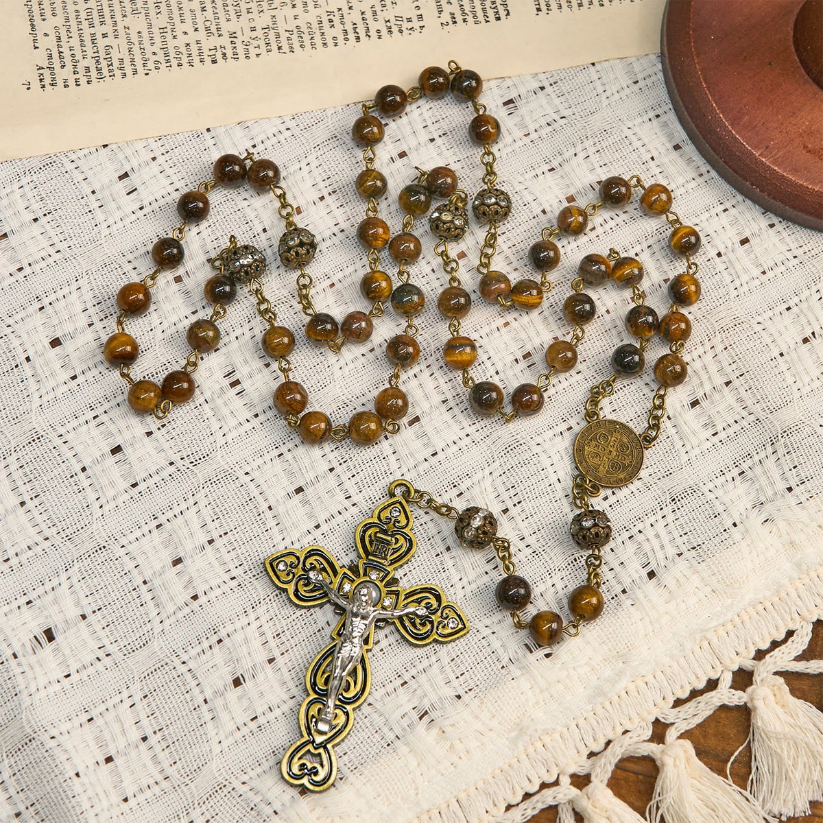 Natural Tiger Eye Beads and Bronze St. Benedict Medal & Crucifix Rosary