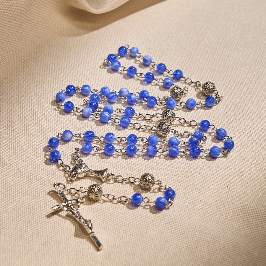 Elegant 6mm Gradient Blue Round Beads with Holy Grail and Crucifix Rosary