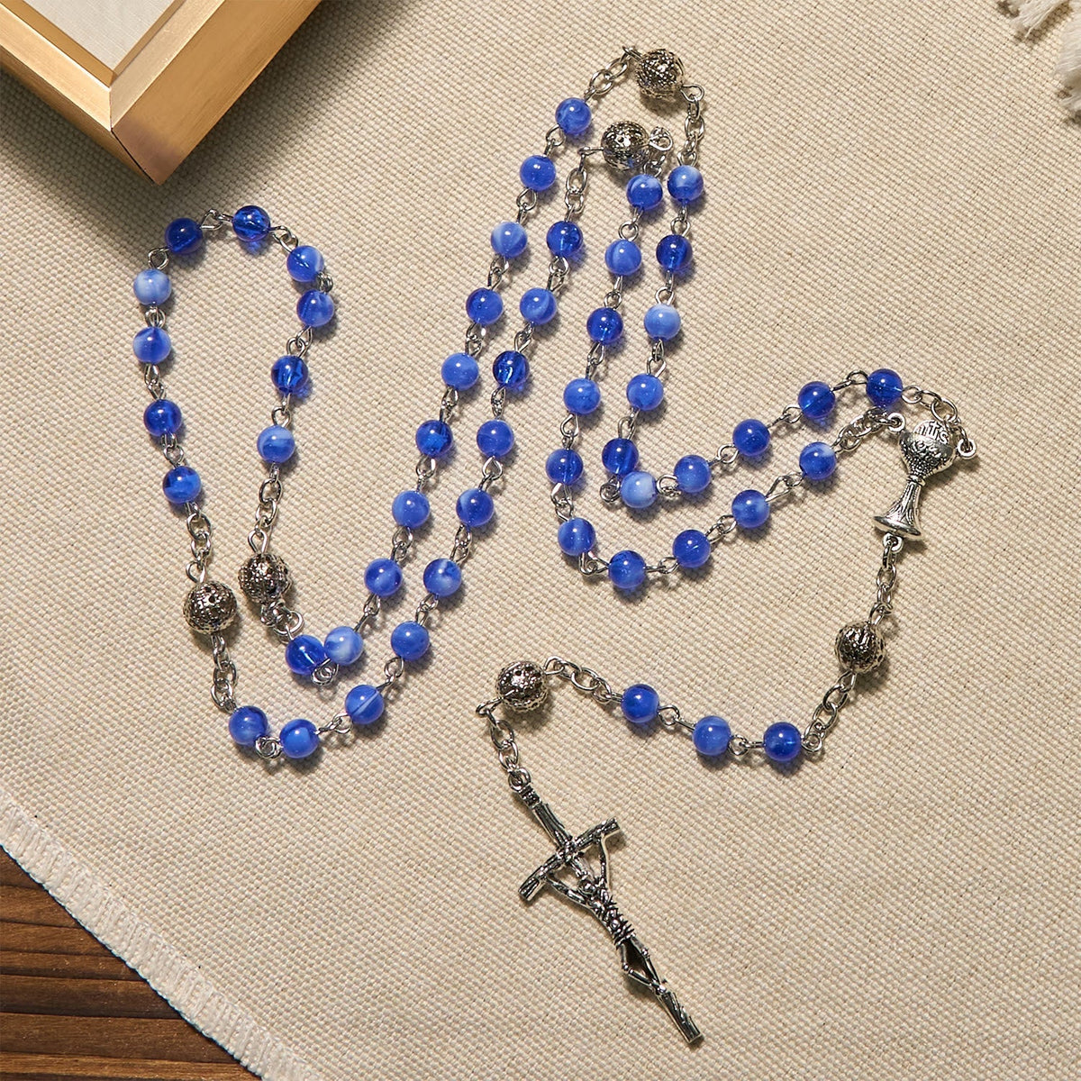 Elegant 6mm Gradient Blue Round Beads with Holy Grail and Crucifix Rosary