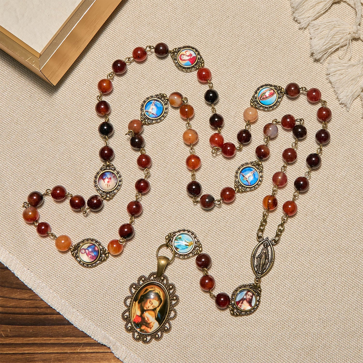 Madonna Medal & Saint Symbols of Dreamy Brown Agate Beads Rosary