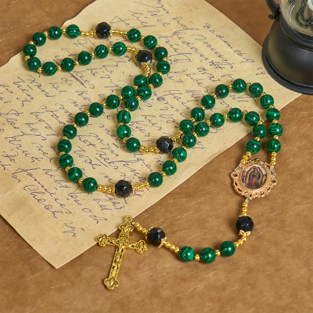 Smooth Green Malachite Rosary with Crucifix & Holy Miraculous Medal
