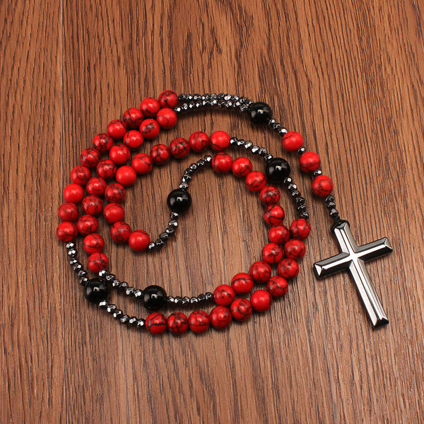 Natural Red Turquoise & Black Agate Rosary with Cross: For Faithful Prayer
