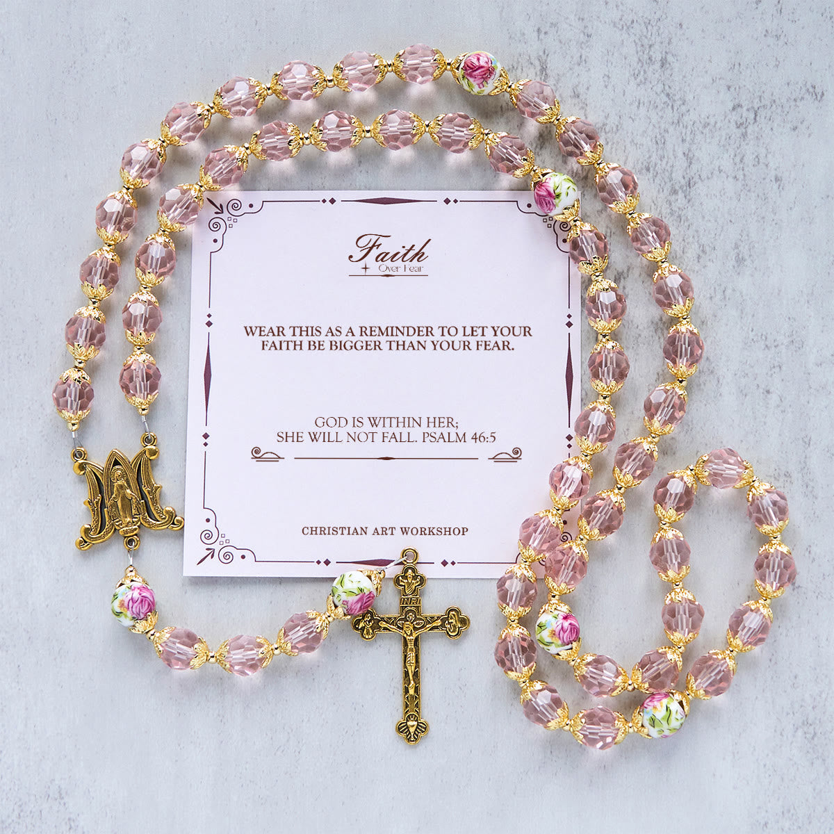 Jesus Is The Gift: Pink Crystal Beads Crucifix & Virgin Mary Rosary with Gift Card