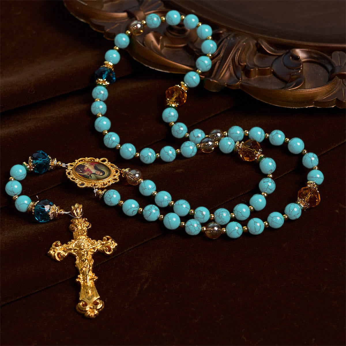 PRAYERFUL FAITH: Handcrafted Turquoise & Gold Alloy Rosary with Gift Card