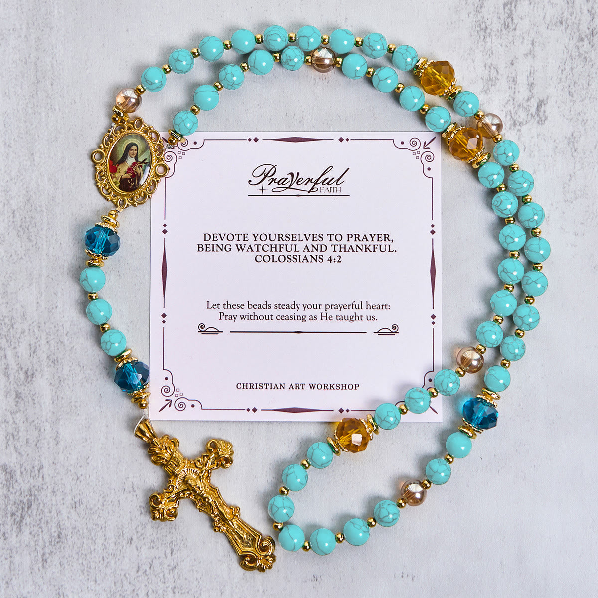 PRAYERFUL FAITH: Handcrafted Turquoise & Gold Alloy Rosary with Gift Card