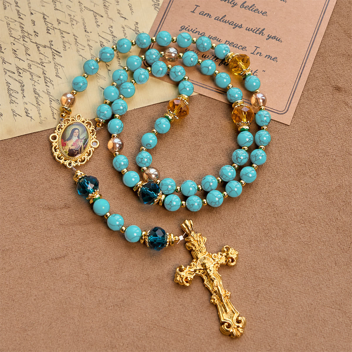 PRAYERFUL FAITH: Handcrafted Turquoise & Gold Alloy Rosary with Gift Card