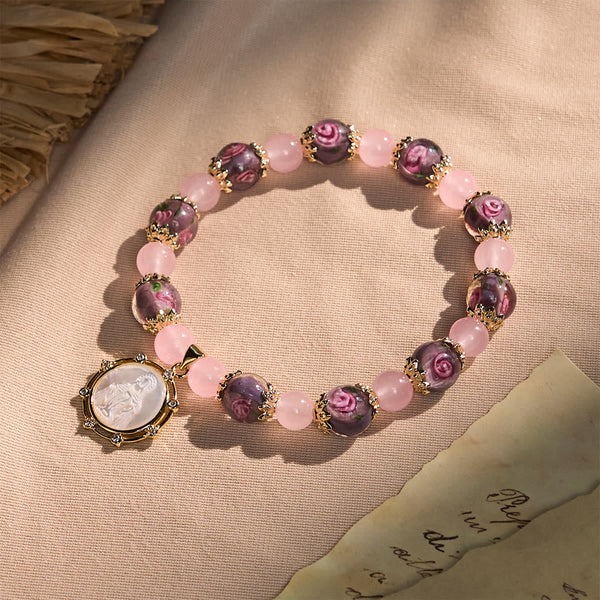 Handmade Rose Quartz Faith Crystal Bracelet with Narce Cameo of Virgin Mary
