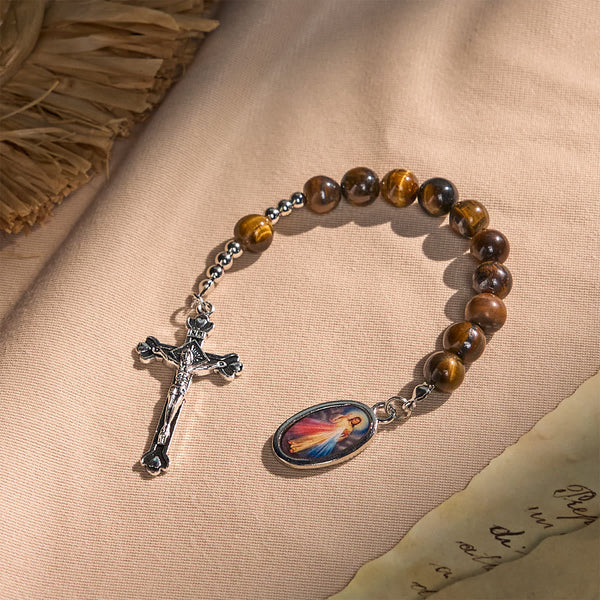 Compact Tiger Eye Pocket Rosary with Crucifix & Divine Mercy for Daily Prayers