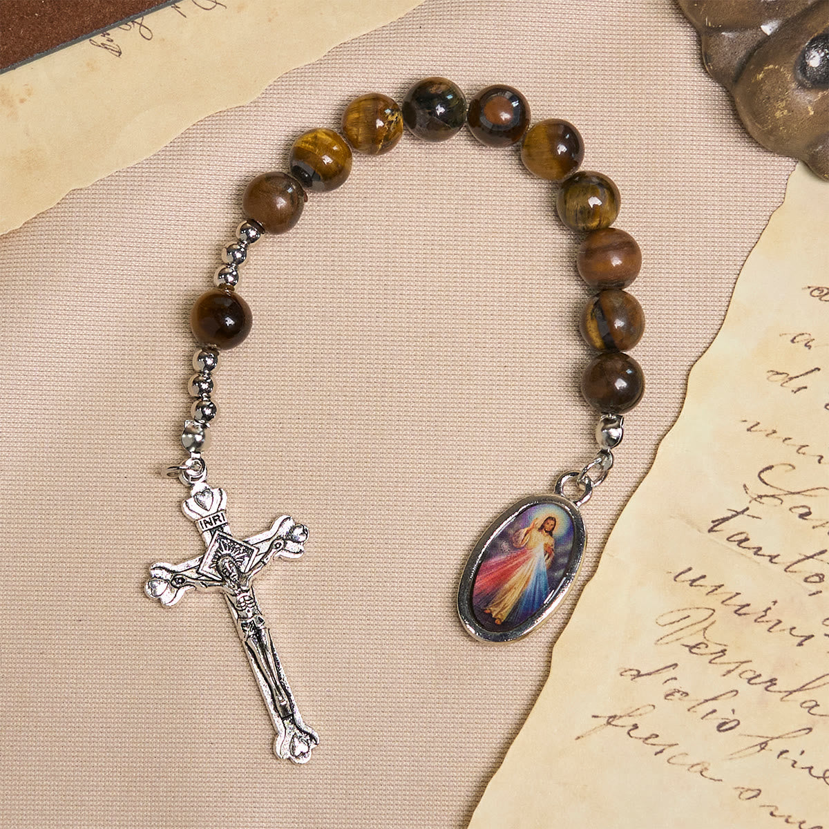 Compact Tiger Eye Pocket Rosary with Crucifix & Divine Mercy for Daily Prayers