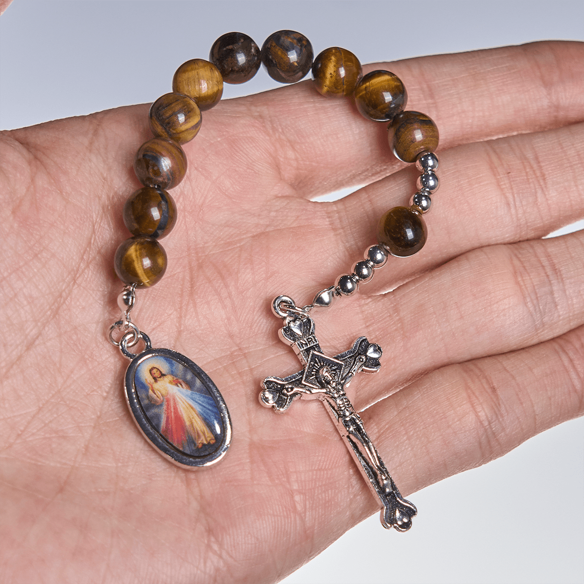 Compact Tiger Eye Pocket Rosary with Crucifix & Divine Mercy for Daily Prayers