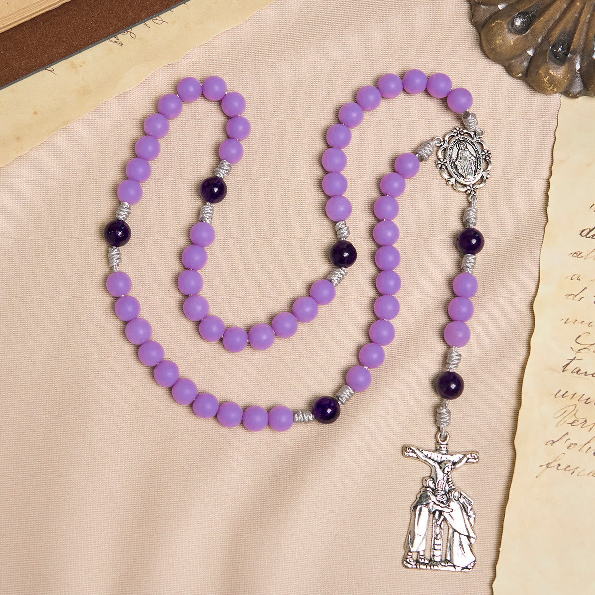 Lavender Matte Rosary Adorned with Crucifix Scene and Miraculous Medal