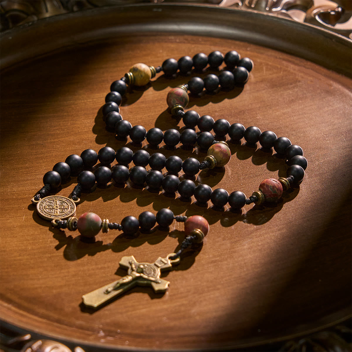 Handcrafted Matte Black and Earth-Tone Rosary Featuring St. Benedict