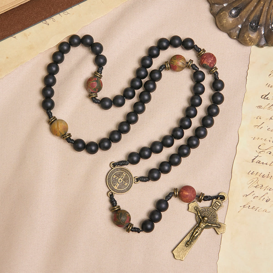 Handcrafted Matte Black and Earth-Tone Rosary Featuring St. Benedict
