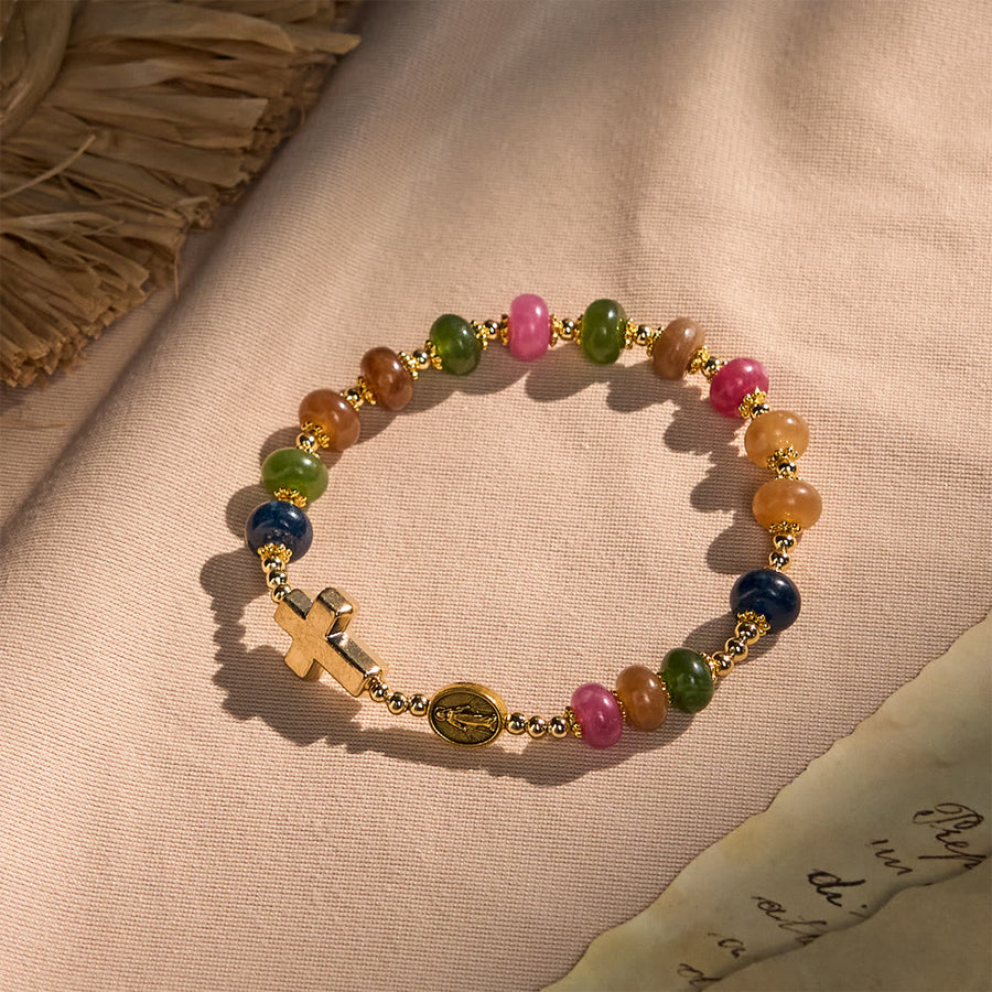 Tourmaline Abacus Beads Bracelet Featuring Cross and Miraculous Medal