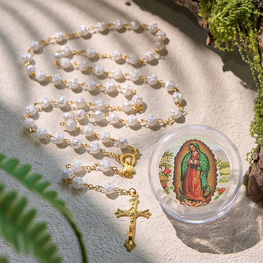 Elegant White Rose Devotional Beads Rosary with Our Lady Box for Blessings
